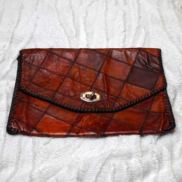 Vintage Leather clutch patchwork handbag brown - Picture 1 of 5